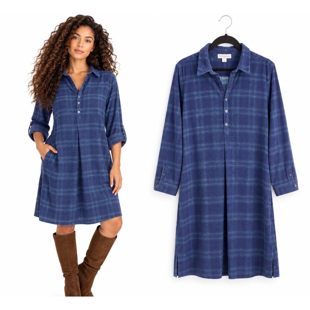 Coldwater Creek Fine Wale Corduroy Shirt Dress Large Indigo Blue Plaid Pockets